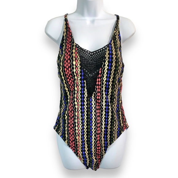 TIME & TRU High Cut Multicolor Lace Inset Criss Cross Back Swimsuit - Picture 1 of 5